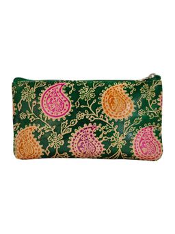 Maatir - Genuine Leather Hand Painted Green Paisley Travel Pouch