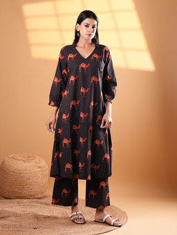 Ethnic Elements - Black Chic Camel Print Cotton Kurta and Pant