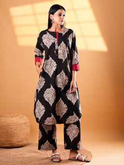 Ethnic Elements - Black Elegant Flora Printed Cotton Kurta and Pant