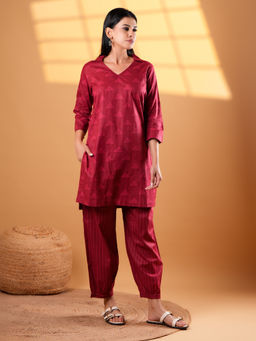 Ethnic Elements - Red Cotton Print Short Kurta and Afghani Salwar