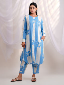 Ethnic Elements - Blue Floral Print Kurta and Afghani Salwar