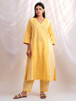 Ethnic Elements - Yellow Gingham Check Kurta and Afghani Salwar
