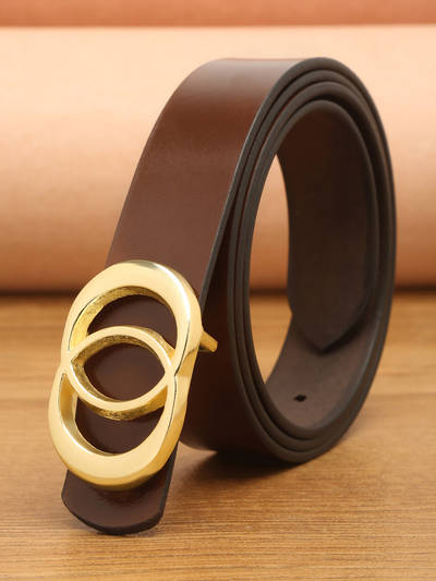 Women Brown And Gold Tone Solid Genuine Leather Belt