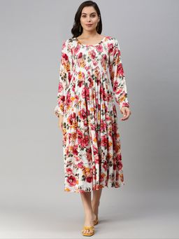 SHOWOFF - Women's Midi Floral White Round Neck Fit And Flare Dress