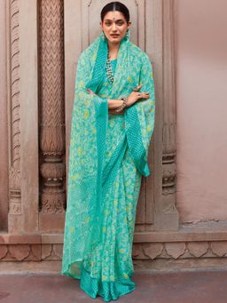 Akhilam - Womens Chiffon Turquoise Printed Designer Saree with Unstitched Blouse