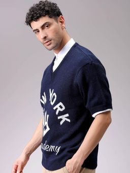 The Indian Garage Co - Men Boxy Fit Typography V-Neck Half Sleeves Sweater