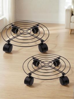 Ecofynd - Ori Round Black Metal Plant Stand With Rolling Wheels (Pack of 2)