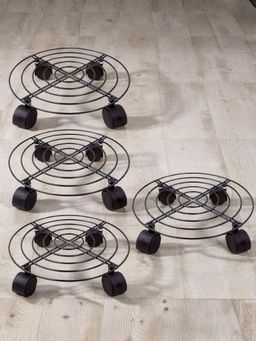 Ecofynd - Ori Black Round Metal Plant Stand With Rolling Wheels (Pack of 4)