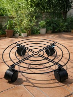 Ecofynd - Ori Black Round Metal Plant Stand With Rolling Wheels
