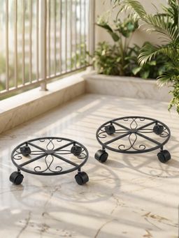 Ecofynd - Ari Black Round Metal Plant Stand With Rolling Wheels (Pack of 2)