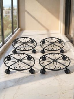 Ecofynd - Ari Black Round Metal Plant Stand With Rolling Wheels (Pack of 4)