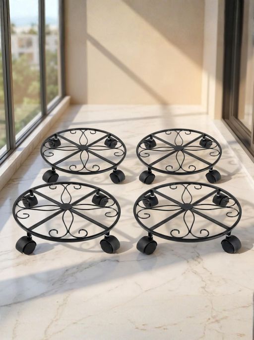 Ecofynd Ari Black Round Metal Plant Stand With Rolling Wheels (Pack of 4)