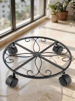 Ecofynd - Black Ari Round Black Metal Plant Stand With Rolling Wheels