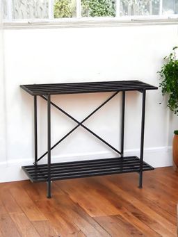 Ecofynd - Eric 2-Tier Black Metal Plant Stand, Balcony & Outdoor Garden