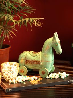 Revive Home - Wooden Distressed Horse On Wheels With Storage For Trinkets