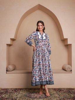 GULAB CHAND TRENDS - Blue Floral Printed Bishop Sleeves Ethnic A-Line Dress (Set of 2)