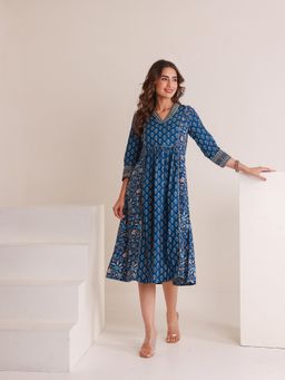 GULAB CHAND TRENDS - Navy Blue Gotta Work Detail Floral Print Midi Pure Cotton Dress