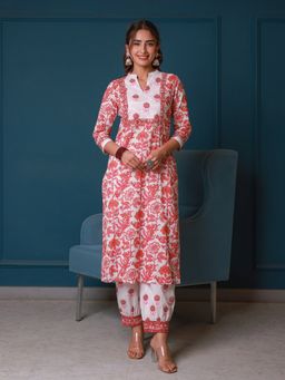 GULAB CHAND TRENDS - Pink Hand Block Printed Straight Kurta with Salwar (Set of 2)