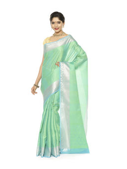 Banarasi Silk Works - Green Resham Zari Blue Pattu Border Art Saree with Unstitched Blouse