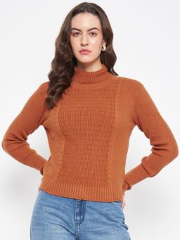 CAMLA - Barcelona Women Cable Knit Rust Orange Turtle Neck Sweater