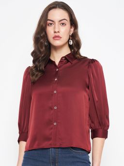 CAMLA - Barcelona Women Balloon Sleeve Maroon Satin Shirt