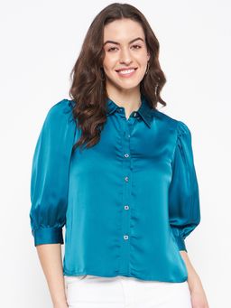 CAMLA - Barcelona Women Balloon Sleeve Teal Blue Satin Shirt