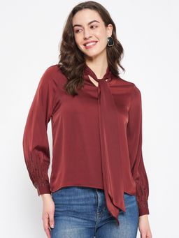 CAMLA - Barcelona Women Tie-Around Neck Embellished Balloon Sleeve Satin Maroon Top