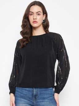 CAMLA - Barcelona Sequin Sleeve Round Neck Black Top