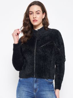 Madame - Fleece Embellished Black Jacket