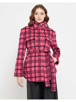 Madame - Chequered Stand Collar Hot Pink Coat (Set of 2)