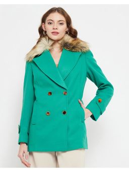 Madame - Faux Fur Collar Double-Breasted Green Long Coat