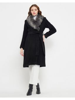 Madame - Faux Fur Collar Black Long Coat and Belt (Set of 2)
