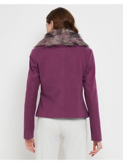 Buy Madame Faux Fur Collar Double-Breasted Purple Short Coat Online