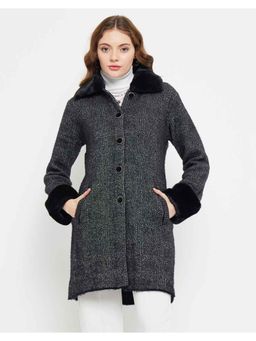 Madame - Textured Faux Fur Cuffs and Collar Grey Cardigan