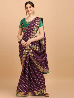 Amrutam Fab - Womens Embroidered Leheria Silk Blend Purple Saree With Unstitched Blouse Piece