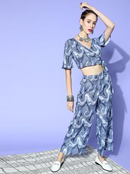 Ziyaa - Women Deep Navy Blue Printed Top with Palazzo (Set of 2)