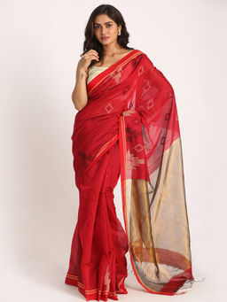 Angoshobha - Red Cotton Blended Handloom Jamdani Saree with Unstitched Blouse