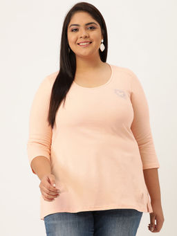 theRebelinme - Plus Size Womens Light Peach Solid Color Round Neck Cotton 3/4th Sleeve T-Shirt