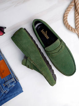 Louis Stitch - Green Italian Suede Leather Handmade Driving Loafers