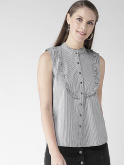 Xpose - Women Grey & White Regular Fit Striped Casual Shirt