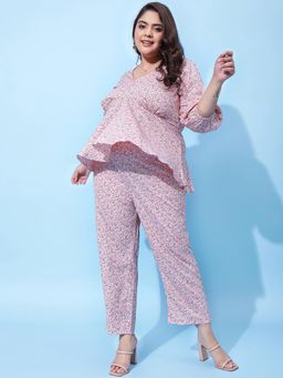 AAREIN - Ample Plus Size Pink Printed Peplum Top with Trouser (Set of 2)