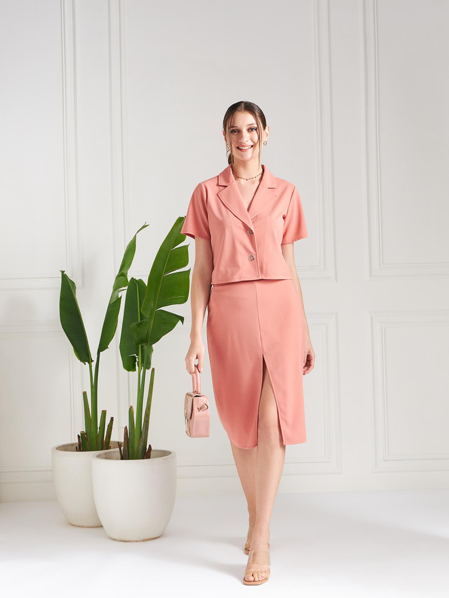 aarein Immutable Peach Notched Collar Top with Skirt (Set of 2)-picture-40