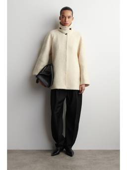 COS - Women Beige FUNNEL-NECK WOOL-HERRINGBONE SHORT COAT