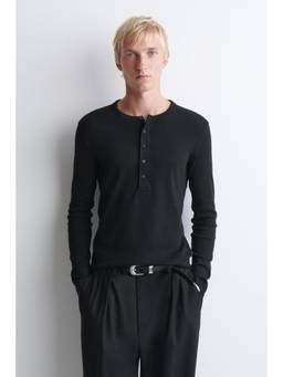COS - Men Black SLIM RIBBED COTTON LONG-SLEEVED HENLEY T-SHIRT