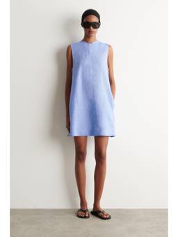 COS - Women Blue V-NECK OPEN-BACK LINEN MINI DRESS