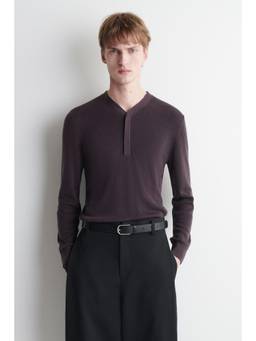 COS - Men Red MERINO-LYOCELL RIBBED-KNIT HENLEY TOP