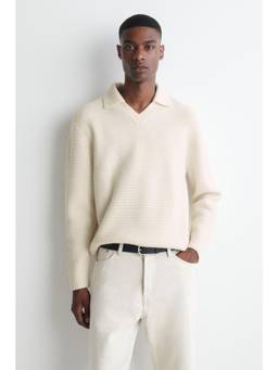 COS - Men White WAFFLE-KNIT WOOL POLO JUMPER