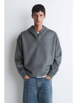 COS - Men Grey BRUSHED JERSEY HENLEY HOODIE