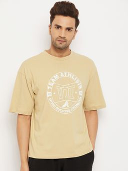 Athlisis - Beige Men Typography Printed Pure Cotton Loose Oversized T-shirt