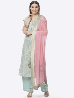 Biba - Turquoise Cotton Silkchanderi Unstitched Suit Set (Set of 3)